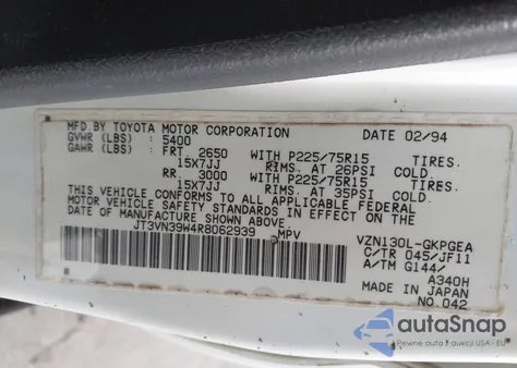 1994 Toyota 4Runner Vn39 Sr5 из США, поврежденный, VIN JT3VN39W4R8062939